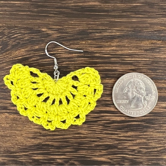 Handmade Crochet Fan Earrings on Hypoallergenic White Gold Plated Hooks Yellow - Picture 3 of 5
